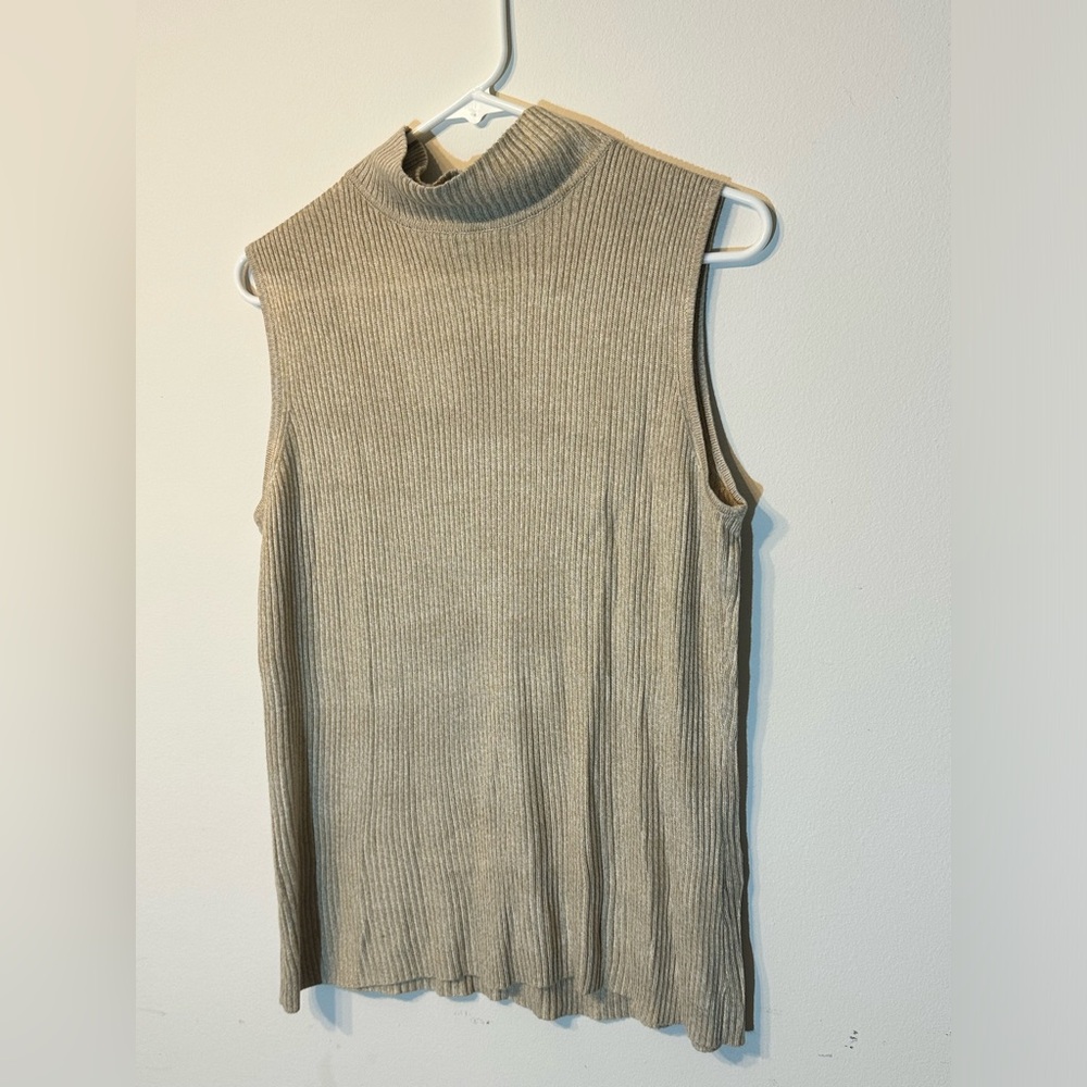 Dana Buchman‎ Sleeveless Knit Mock Neck Top Khaki Beige Ribbed Sweater Vest M
